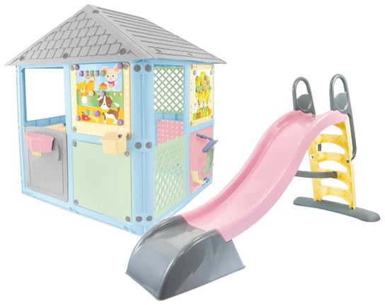 Plac zabaw - domek dla dzieci manipulacyjny + zjeżdżalnia 180 cm, różowe Mochtoys