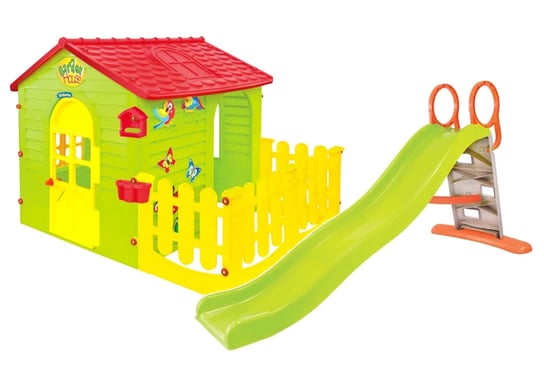 Plac zabaw - domek ogrodowy z płotkiem + Zjeżdżalnia wodna 198 cm Mochtoys Mochtoys
