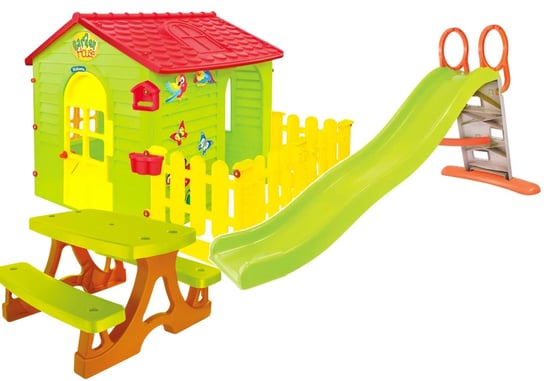Plac zabaw - domek ogrodowy z płotkiem + Zjeżdżalnia wodna 198 cm +stolik Mochtoys