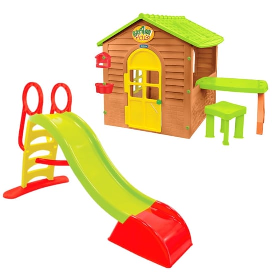 Plac zabaw - domek ogrodowy ze stolikiem + Zjeżdżalnia wodna 180 cm Mochtoys Mochtoys