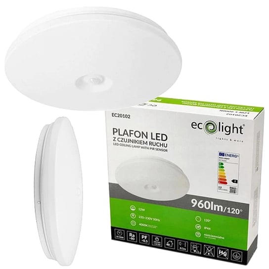 Plafon LED z Czujnikiem Ruchu PIR 12W 960lm IP44 4000K Lampa na Korytarz Oprawa Sufitowa Ecolight