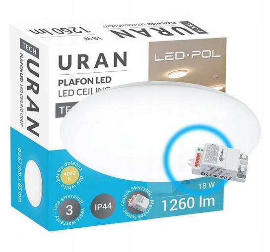 Plafon okrągły biały LED URAN 18W 4000K neutralna biel 1260lm IP44 czujnik ruchu LED-POL ORO26008 LED-POL