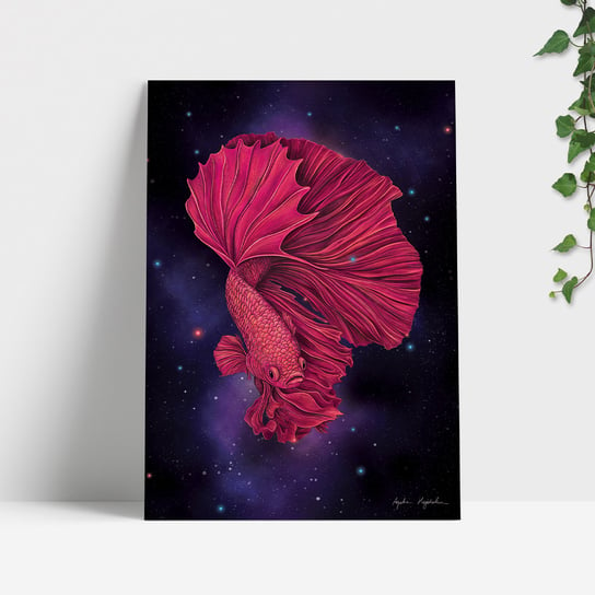 Plakat czerwony bojownik 21x30 cm, galaktyczna ryba, dekoracja TukanMedia