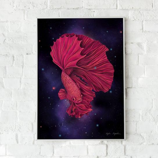 Plakat czerwony bojownik 30x40 cm, galaktyczna ryba, dekoracja, TukanMedia, autorska ilustracja TukanMedia