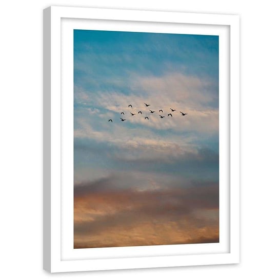 Plakat dekoracyjny w ramie białej FEEBY Chmury niebo lecące ptaki, 30x40 cm Feeby