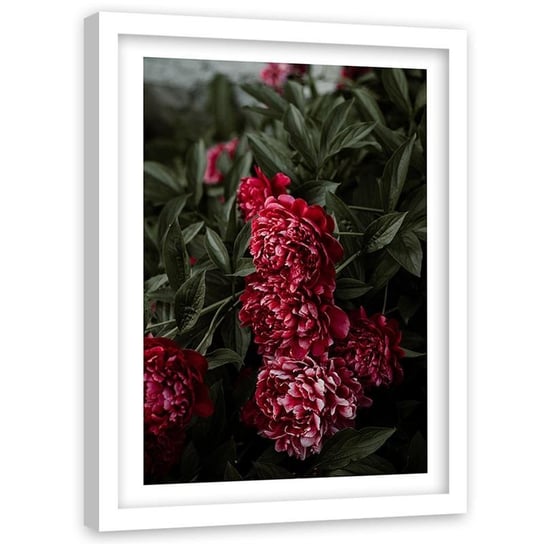 Plakat dekoracyjny w ramie białej FEEBY Czerwone kwiaty na tle liści, 60x90 cm Feeby