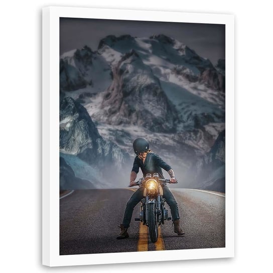 Plakat dekoracyjny w ramie białej FEEBY Motocyklista na trasie, 50x70 cm Feeby