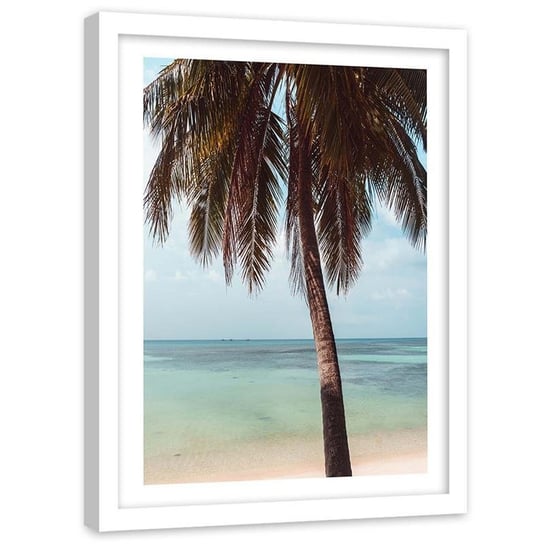 Plakat dekoracyjny w ramie białej FEEBY Tropiki palma na plaży ocean, 21x30 cm Feeby