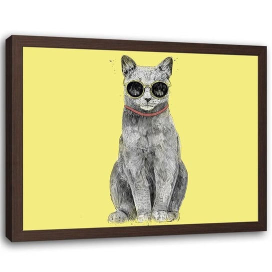 Plakat dekoracyjny w ramie brązowej FEEBY Szary kot, 60x40 cm Feeby