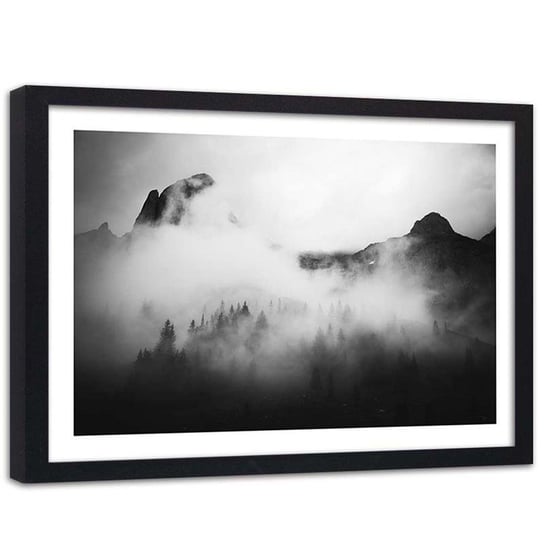 Plakat dekoracyjny w ramie czarnej FEEBY Las i szczyty górskie we mgle, 50x40 cm Feeby