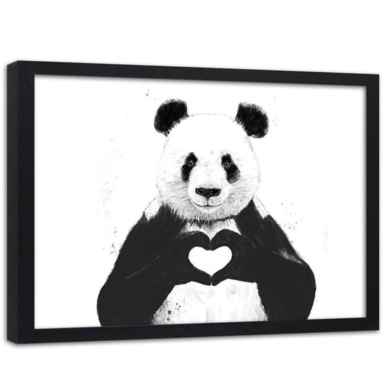 Plakat dekoracyjny w ramie czarnej FEEBY Miś panda serce love, 100x70 cm Feeby