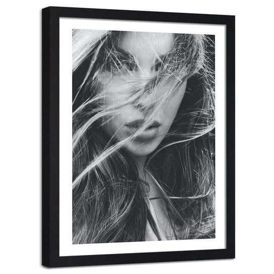Plakat dekoracyjny w ramie czarnej FEEBY Twarz kobiety zasłonięta włosami, 13x18 cm Feeby