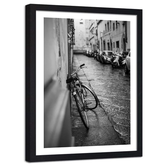 Plakat dekoracyjny w ramie czarnej FEEBY Ulica w deszczu rower, 40x60 cm Feeby