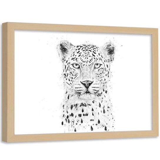 Plakat dekoracyjny w ramie naturalnej FEEBY Głowa leoparda zwierzę, 60x40 cm Feeby