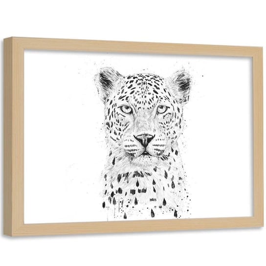Plakat dekoracyjny w ramie naturalnej FEEBY Głowa leoparda zwierzę, 70x50 cm Feeby