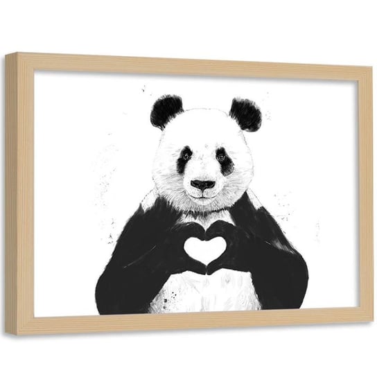 Plakat dekoracyjny w ramie naturalnej FEEBY Panda symbol serca love, 70x50 cm Feeby