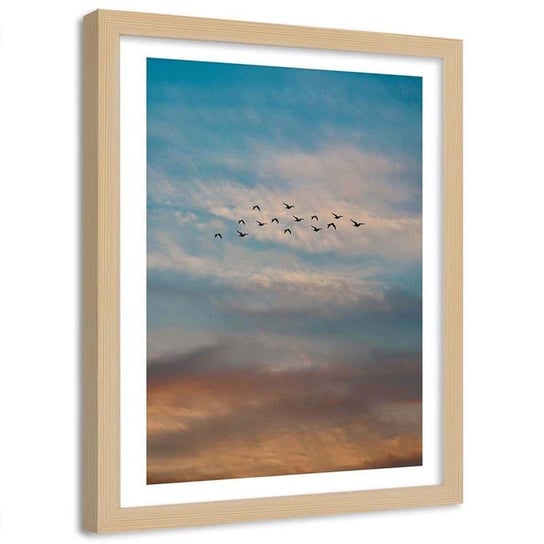 Plakat dekoracyjny w ramie naturalnej FEEBY Stado ptaków na tle nieba, 60x90 cm Feeby