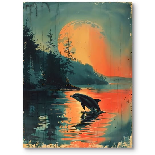 Plakat do salonu delfin skaczący nad oceanem pomarańczowo-zielony 50x70 cm MieszkoMieszko