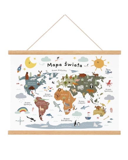 Plakat edukacyjny dla dzieci Mapa Świata ze zwierzętami 21x30 A4 cm / Joachimki Joachimki