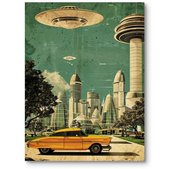 Plakat futurystyczne miasto z UFO do salonu zielono-żółty 40x50 cm MieszkoMieszko