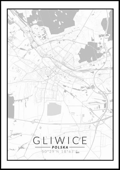 Plakat, Gliwice, Polska mapa czarno biała, 29,7x42 cm reinders