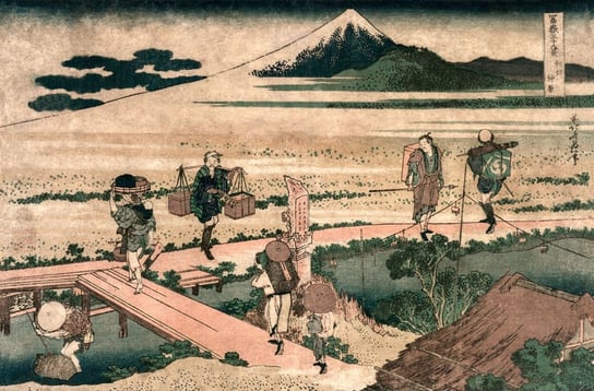 Plakat, Hokusai, A View of Mount Fuji and Travellers by a Bridge, 59,4x42 cm reinders