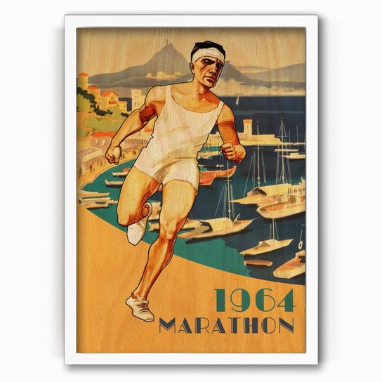Plakat IKKUNASHOP, Plakat na drewnie 1964 Marathon 30x40 Biała ramka IkkunaShop