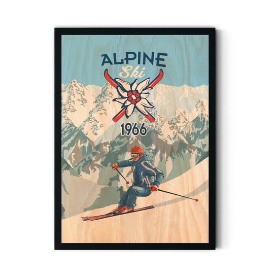 Plakat IKKUNASHOP, Plakat na drewnie Alpine Ski 1966 20x30 Czarna ramka IkkunaShop