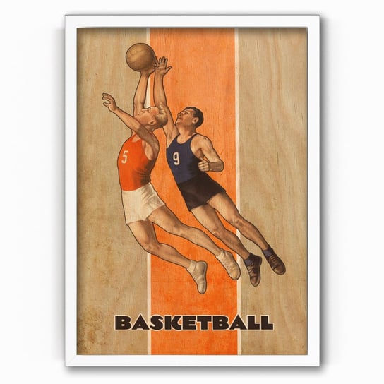 Plakat IKKUNASHOP, Plakat na drewnie Basketball 30x40 Biała ramka IkkunaShop