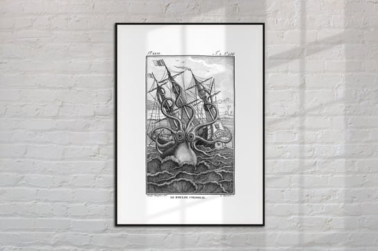 Plakat Kraken i statek vintage Kałamarnica Ośmiornica grafika retro A3 Dodoprint