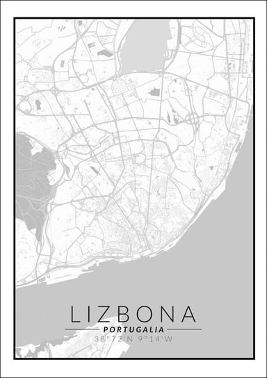 Plakat, Lizbona mapa czarno biała, 21x29,7 cm reinders