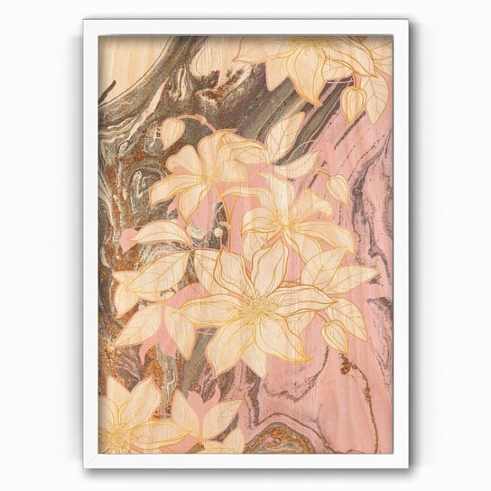 Plakat na drewnie Beige Marble Flowers 30x40 Biala ramka / IkkunaShop IkkunaShop