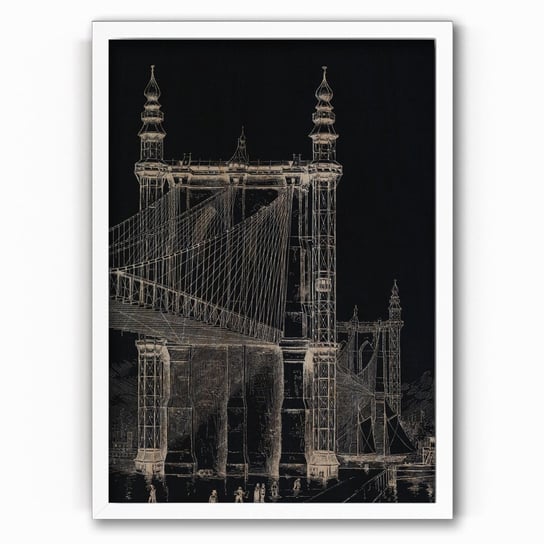 Plakat na drewnie Brooklyn Bridge towers 1886 by Frank Leslie BW 20x30 Biala ramka / IkkunaShop IkkunaShop