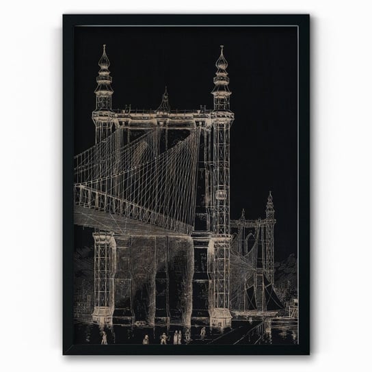 Plakat na drewnie Brooklyn Bridge towers 1886 by Frank Leslie BW 30x40 Czarna ramka / IkkunaShop IkkunaShop