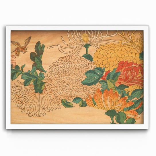 Plakat na drewnie Chrysanthemums in Fan-shaped Design Utagawa Hiroshige 30x40 Biala ramka / IkkunaShop IkkunaShop
