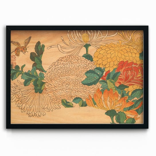 Plakat na drewnie Chrysanthemums in Fan-shaped Design Utagawa Hiroshige 30x40 Czarna ramka / IkkunaShop IkkunaShop
