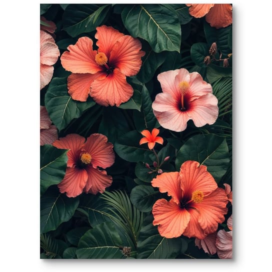 Plakat na ścianę do salonu hibiskusy zielony pomarańczowo-różowy 70x100 cm MieszkoMieszko