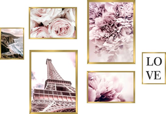 Plakat na ścianę do sypialni obrazy różowy Paryż róże wieża Eiffla zestaw Naklejkomania