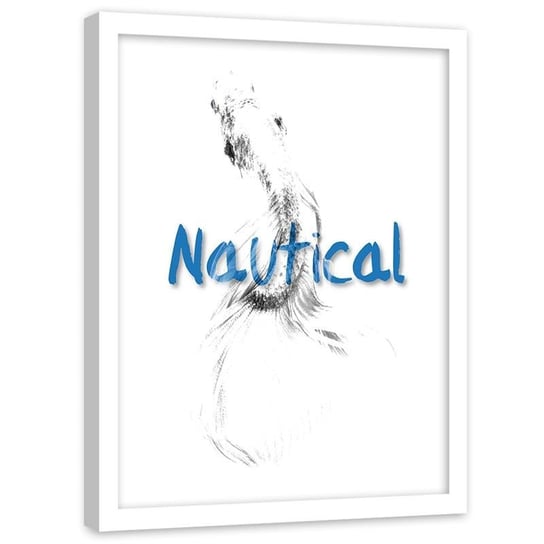 Plakat na ścianę w ramie białej FEEBY Napis Nautical i ryba, 60x80 cm Feeby
