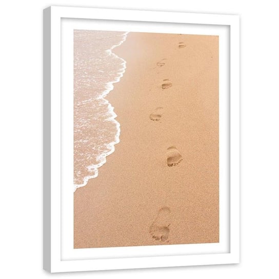 Plakat na ścianę w ramie białej FEEBY Ślady stóp na plaży, 70x100 cm Feeby
