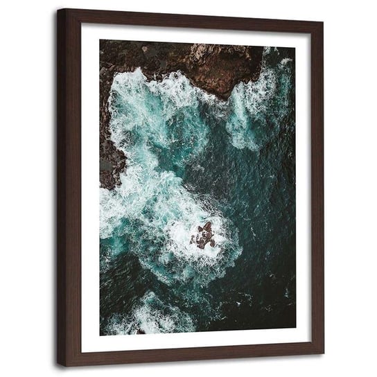 Plakat na ścianę w ramie brązowej FEEBY Morski brzeg skały piana fale, 20x30 cm Feeby