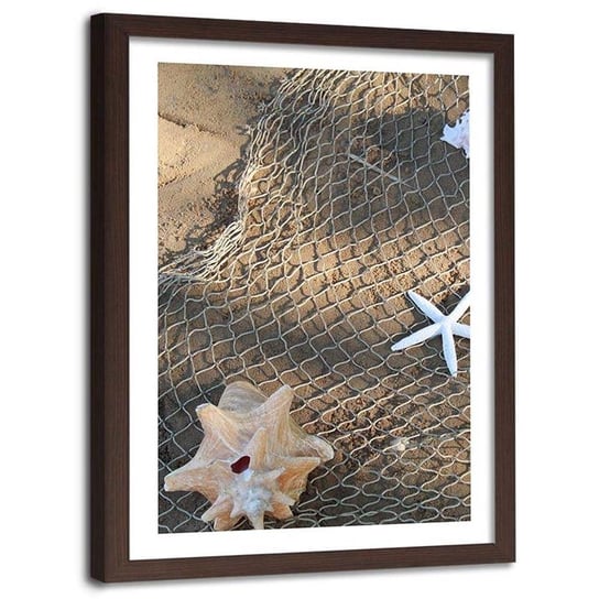 Plakat na ścianę w ramie brązowej FEEBY Muszla rozgwiazda sieć plaża, 40x60 cm Feeby
