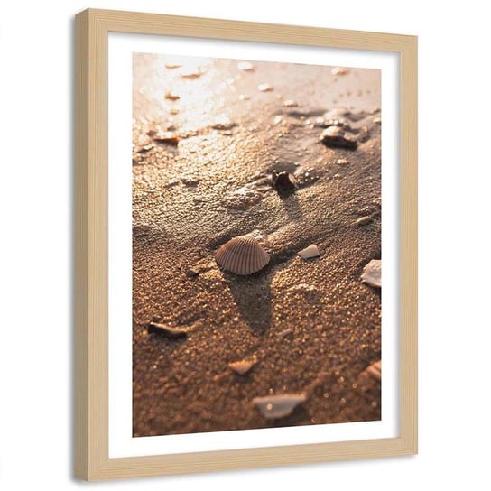Plakat na ścianę w ramie naturalnej FEEBY Plaża kamienie i muszelki, 50x70 cm Feeby