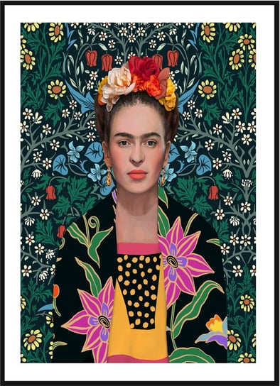 Plakat Obraz - Frida Kahlo na Kwiatowym Tle  - 21x30 cm posterstory.pl
