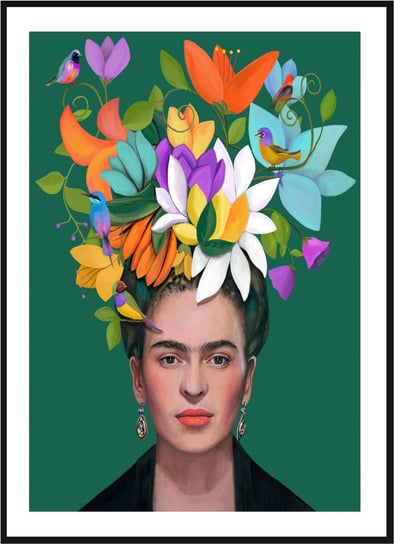 Plakat Obraz - Frida Kahlo z Kwiatami i Ptakami - 21x30 cm posterstory.pl