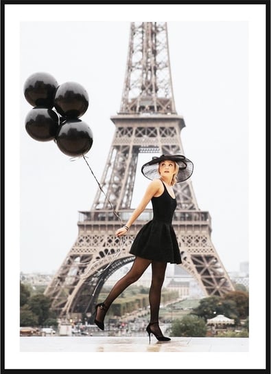 Plakat Obraz - Kobieta z Balonami na Tle Wieży Eiffla z Kolorze No1  - 21x30 cm posterstory.pl