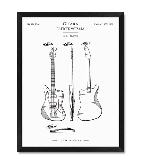 Plakat obraz na ścianę w ramie prezent dla muzyka gitarzysty gitara elektryczna Fender patent 32x42 cm iWALL studio