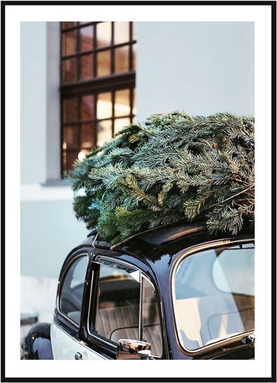 Plakat Obraz - Zabytkowy Samochód z Choinką na Dachu - 70x100 cm Inna marka