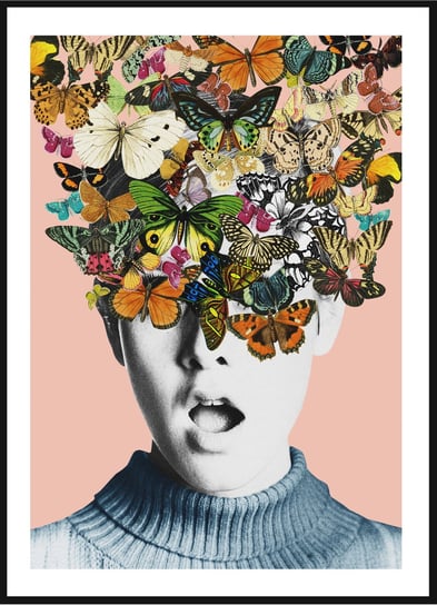 Plakat Obraz - Zaskoczona Frida Kahlo z Motylami  - 21x30 cm posterstory.pl