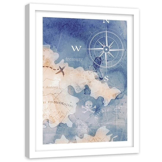 Plakat ozdobny w ramie białej FEEBY Morska mapa do skarbu, 30x40 cm Feeby